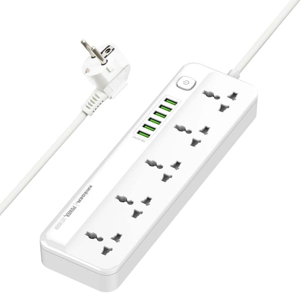 K KRIËGER Universal Power Strip Surge Protector, 5 Outlets, 6 USB Ports, Child Saftey Latch, On/Off Power Button, 2M Extension Cord, Flat Plug for Charging Home, Office & Travel Accessories -Type E/F