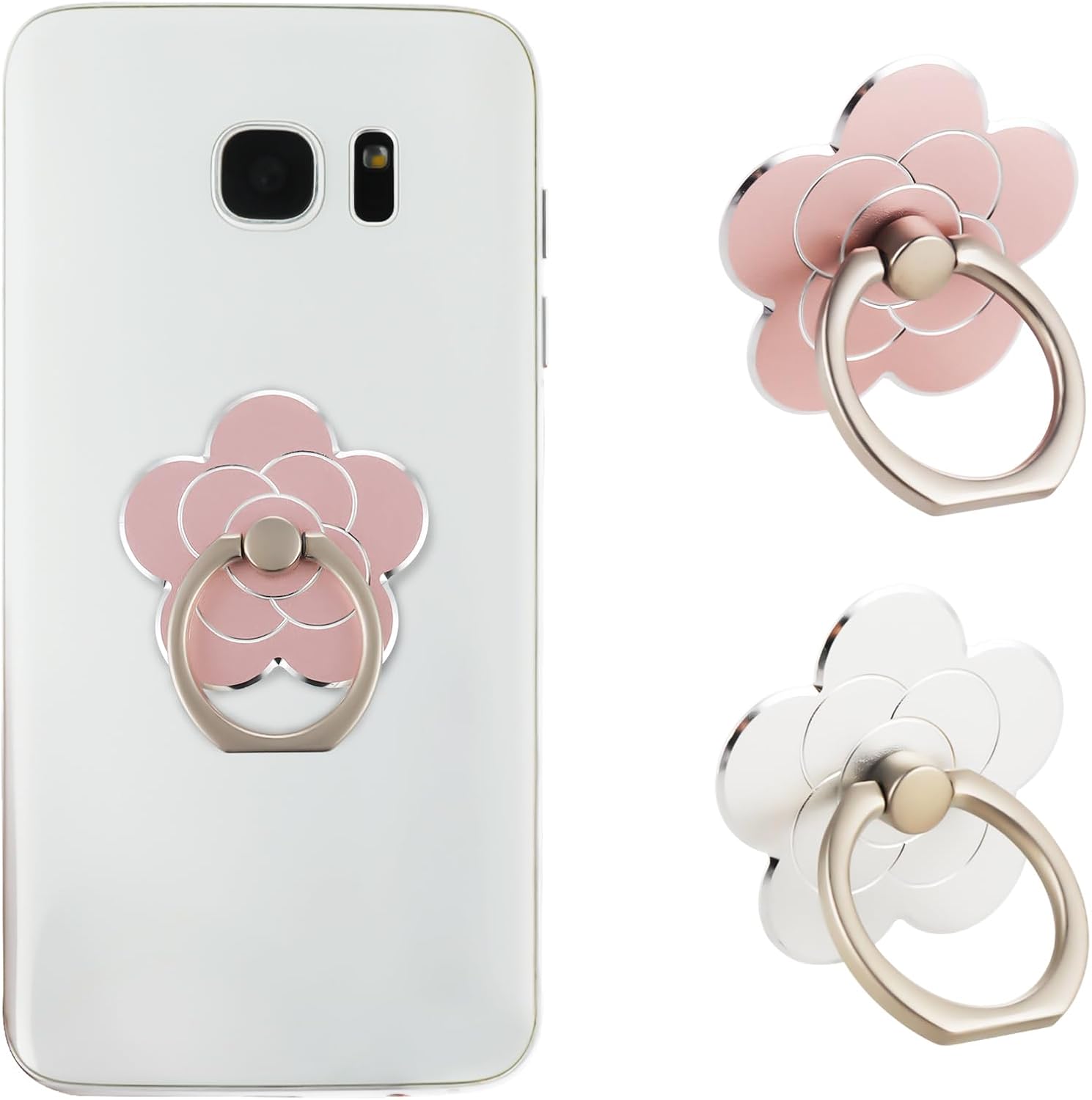 Sibba 2pcs Phone Ring Holder Kickstand Cellphone Flower Finger Ring Grips Stand Metal Universal Accessories Compatible with Smartphone, Mobile Phones, Phone case (Silver, Rose Gold)