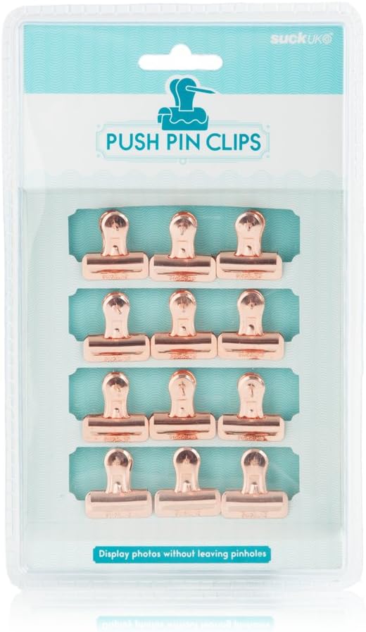 Suck UK Rose Gold Bulldog Clips with Push Pins for Cork Boards, Office Accessories & Aesthetic Stationary, Drawing Pins for Vision Board & Pin Board Bedrooms Office Supplies