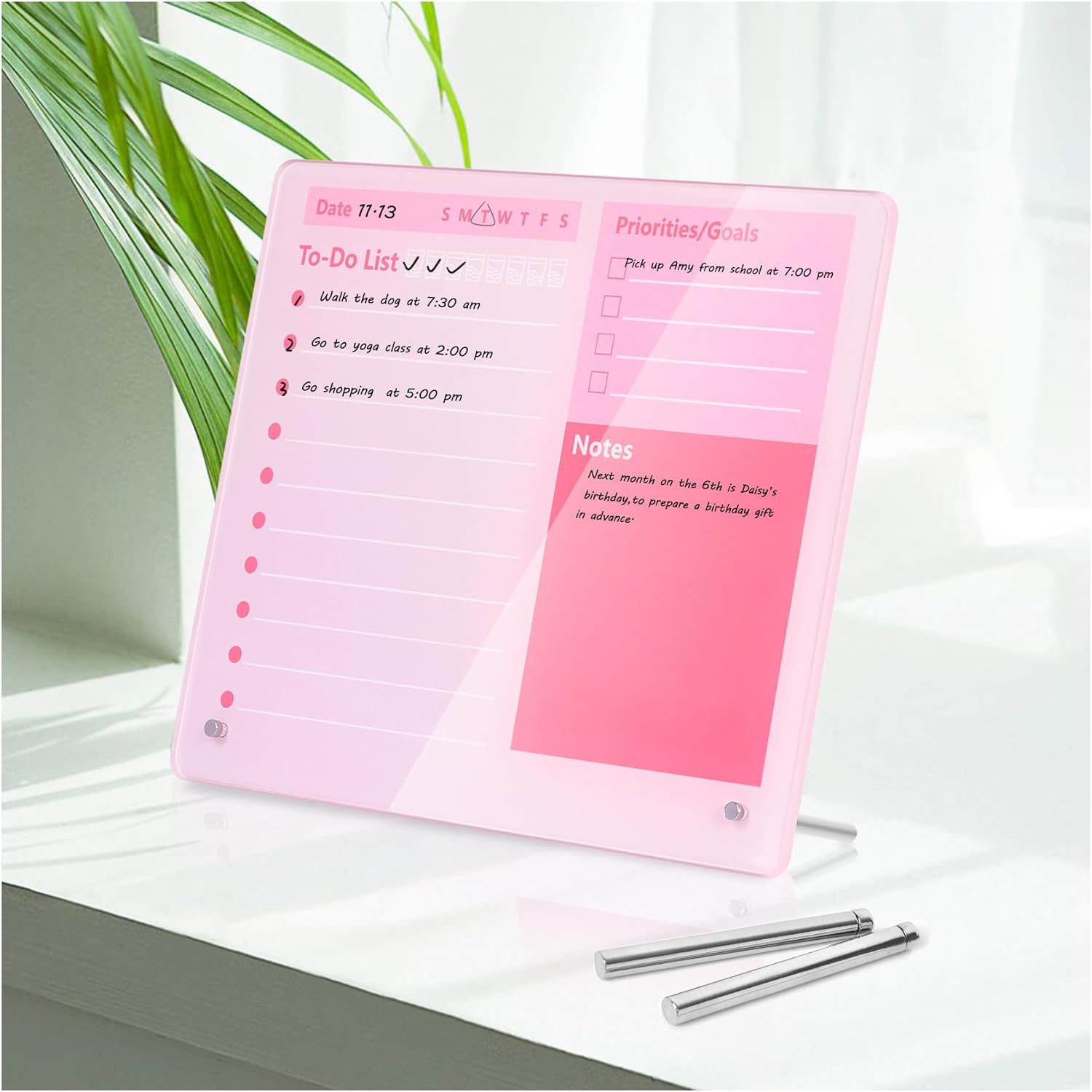 Desktop Thickened Acrylic Dry Erase Board to do List Planner Board，12″x10″，Tabletop Whiteboard with Stand，Frameless Pink Dry Erase White Board，for Office/Home/School