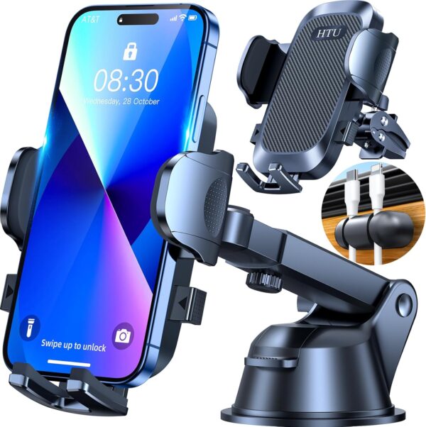 [True Military-Grade] Car Phone Holder【2024 Stronger Suction & Clip】 Universal Cell Phone Holder for Car Mount for Dashboard Windshield Air Vent Long Arm Cell Phone Car Mount Thick Case,Black