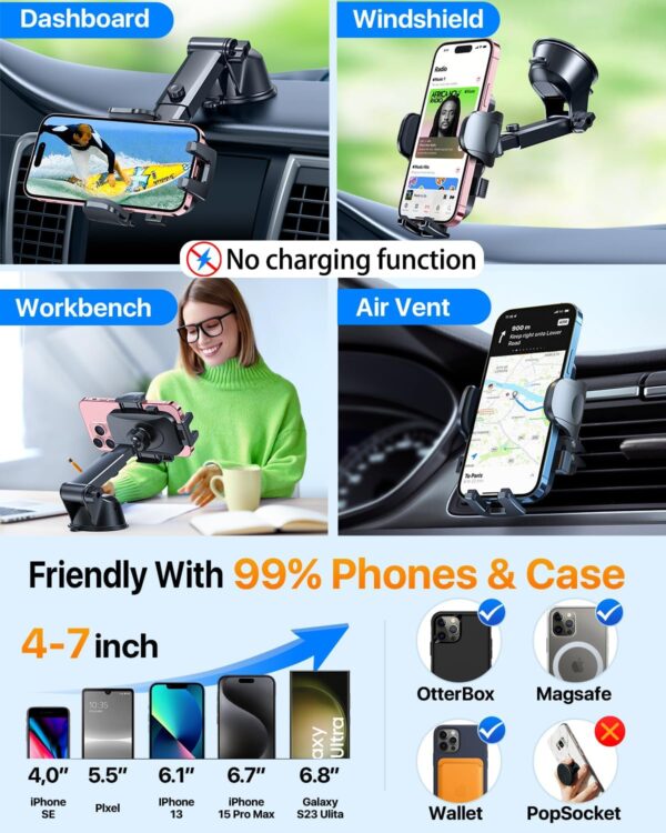 [True Military-Grade] Car Phone Holder【2024 Stronger Suction & Clip】 Universal Cell Phone Holder for Car Mount for Dashboard Windshield Air Vent Long Arm Cell Phone Car Mount Thick Case,Black - Image 6