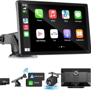 Wireless Apple Carplay Screen for Car 4K Dash Cam, 9″ Portable Apple Carplay & Android Auto Car Stereo, with 1080p Backup Camera, GPS Navigation/Mirror Link/Voice Control/Bluetooth