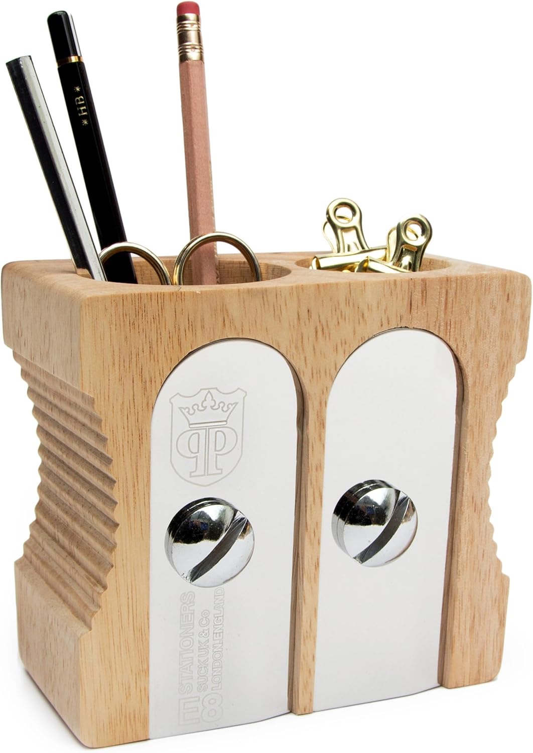 SUCK UK | Pen Holder | Wooden Desk Tidy & Pencil Sharpener Shaped Desk Accessories | Organiser Storage For Stationary Supplies | Pencil Holder & Pen Holders Table | Decorative Office Gifts | Double