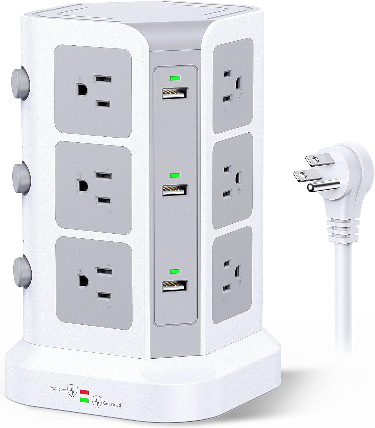 Power Strip Tower by KOOSLA, [15A 1500J] Surge Protector – 12 AC Multiple Outlets and 6 USB Ports, Flat Plug 14 AWG Heavy-Duty Extension Cord 6.5ft, Home Office Supplies, Dorm Room Essentials White