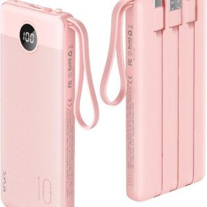 VRURC Portable Charger 10000mAh, Slim LED Display Power Bank, 5 Output 2 Input Cell Phone Battery Pack, Built-in Micro & USB C Cables Phone Charger Compatible with iPhone,Samsung,Android-Pink(1 Pack)