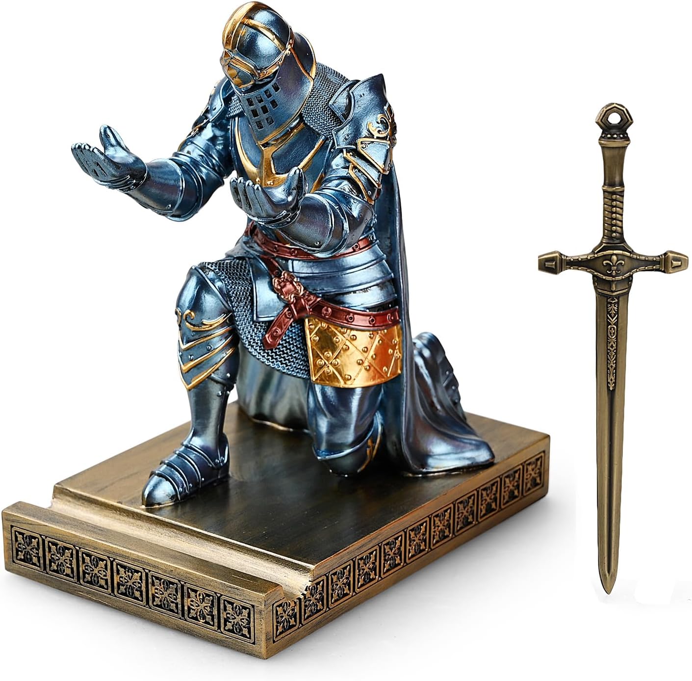 King’s Guard Leader Cloak Warrior Knight Pen Holder Mobile Phone Stand, Ornament Knight Statue, Pen Stand Paperweight with a Metal Sword Letter Opener for Office and Home (Blue)