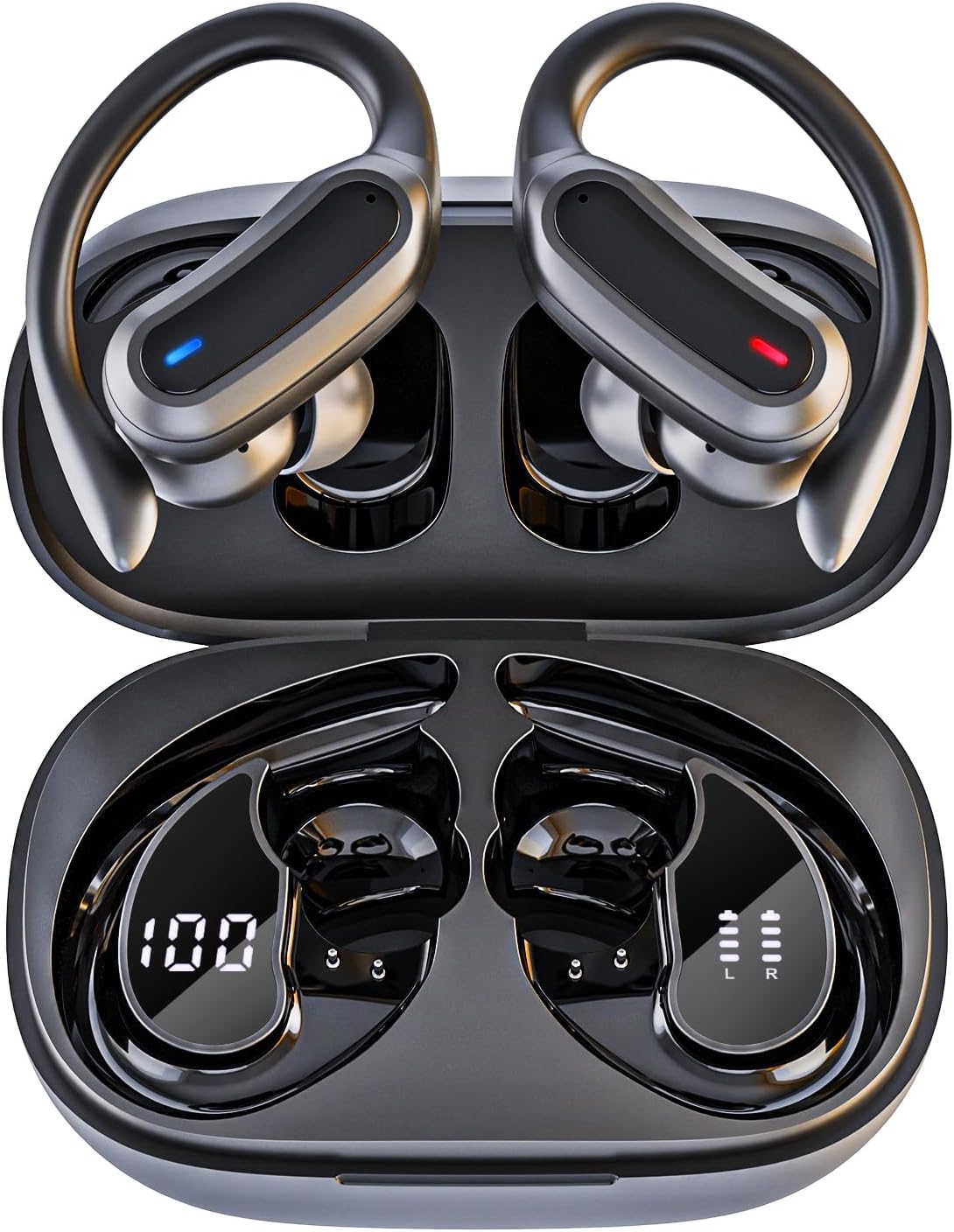 Wireless Earbuds Bluetooth Headphones, Bluetooth 5.3 Stereo over Ear Buds,Noise Cancelling Mic, IPX7 Waterproof Headset for Workout/Running Black