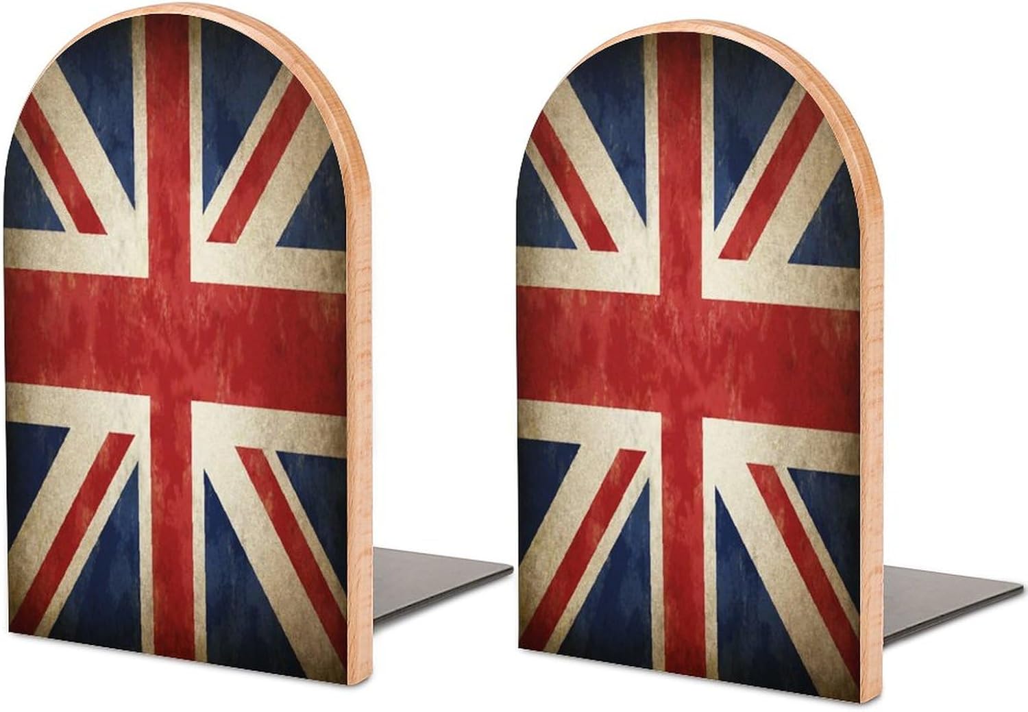 2 Pack Wood Bookends, British England UK Flag Non-Skid Book Ends for Heave Books, Decorative Bookends for Shelves Desk, Book Stoppers Book Holders for Home Office Library School