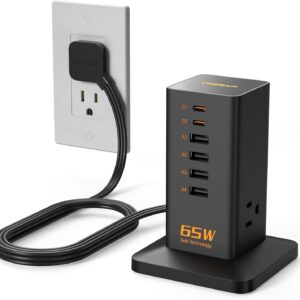 USB Charging Station for Multiple Devices PD 65W, TESSAN 9-in-1 USB C Charger Block for iPhone 16/15, MacBook, Tablet, Type C Desktop USB C Power Strips with 3 Outlets, Home Travel Office Accessories