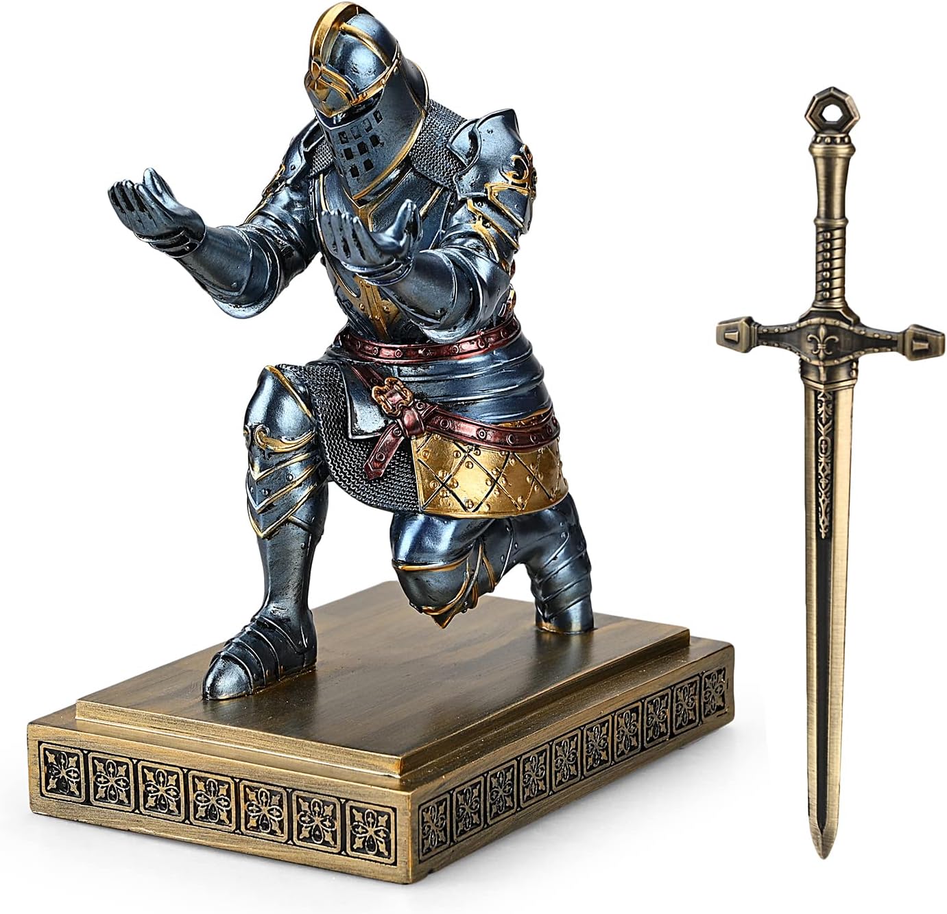 King’s Guard Knight Pen Holder Pen Stand Desk Organizers and Accessories Resin Pencil Holder as Gift with a Metal Sword Letter Opener for Office and Home (Blue)