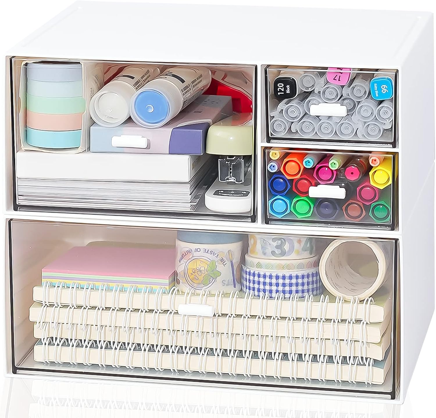 Desk Drawer Organizer, Clear Makeup Organizer Storage Box with 4 Removable Plastic Drawers, Desk Organizer and Accessories for Home Collection Cosmetics Office Bathroom Counter Dresser (White)