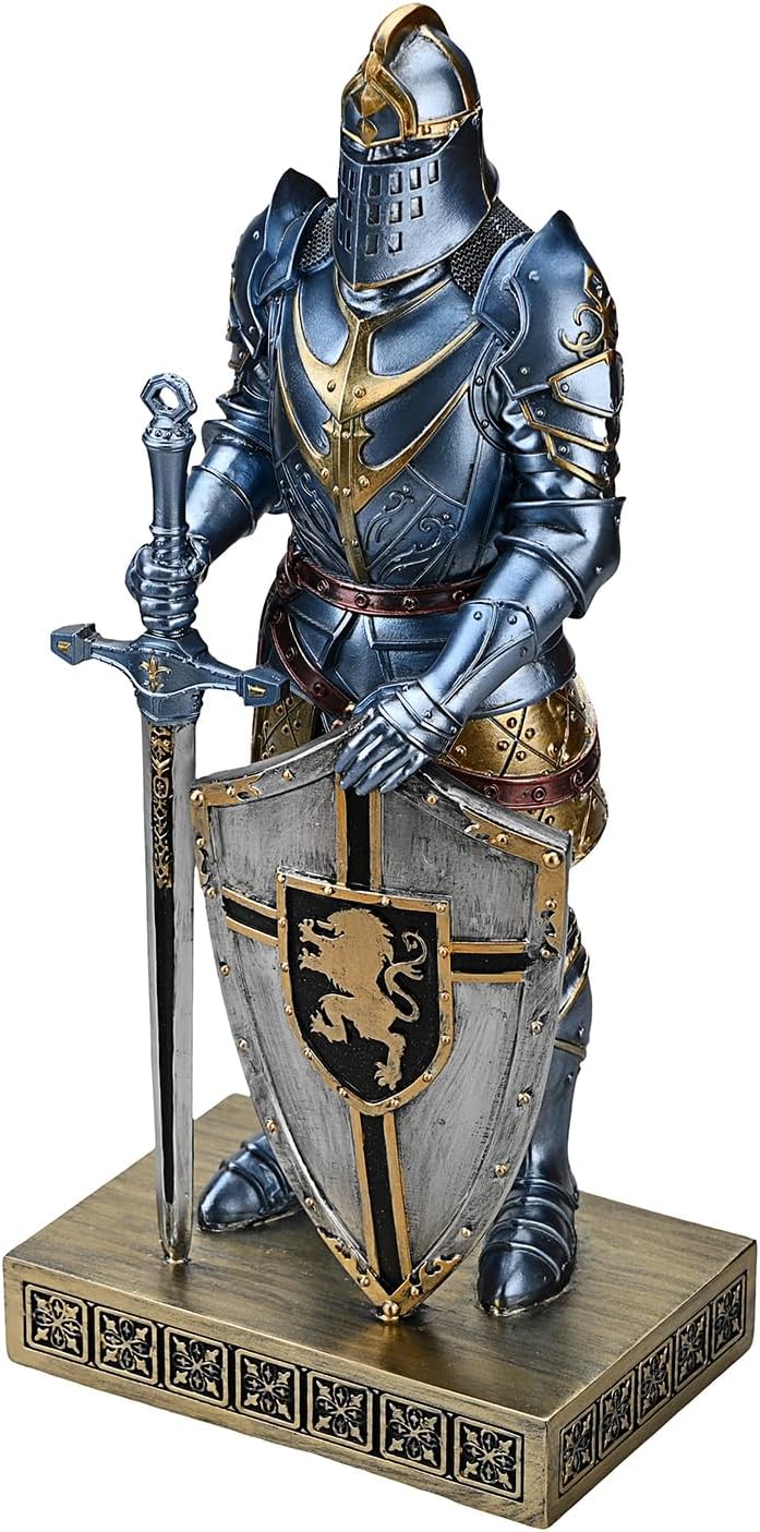 King’s Guard Knight with Shield Desktop Accessories Statue Medieval Knight Ornament Paperweight for Office and Home Top Collection as Gift 12.60 Inch (Blue)