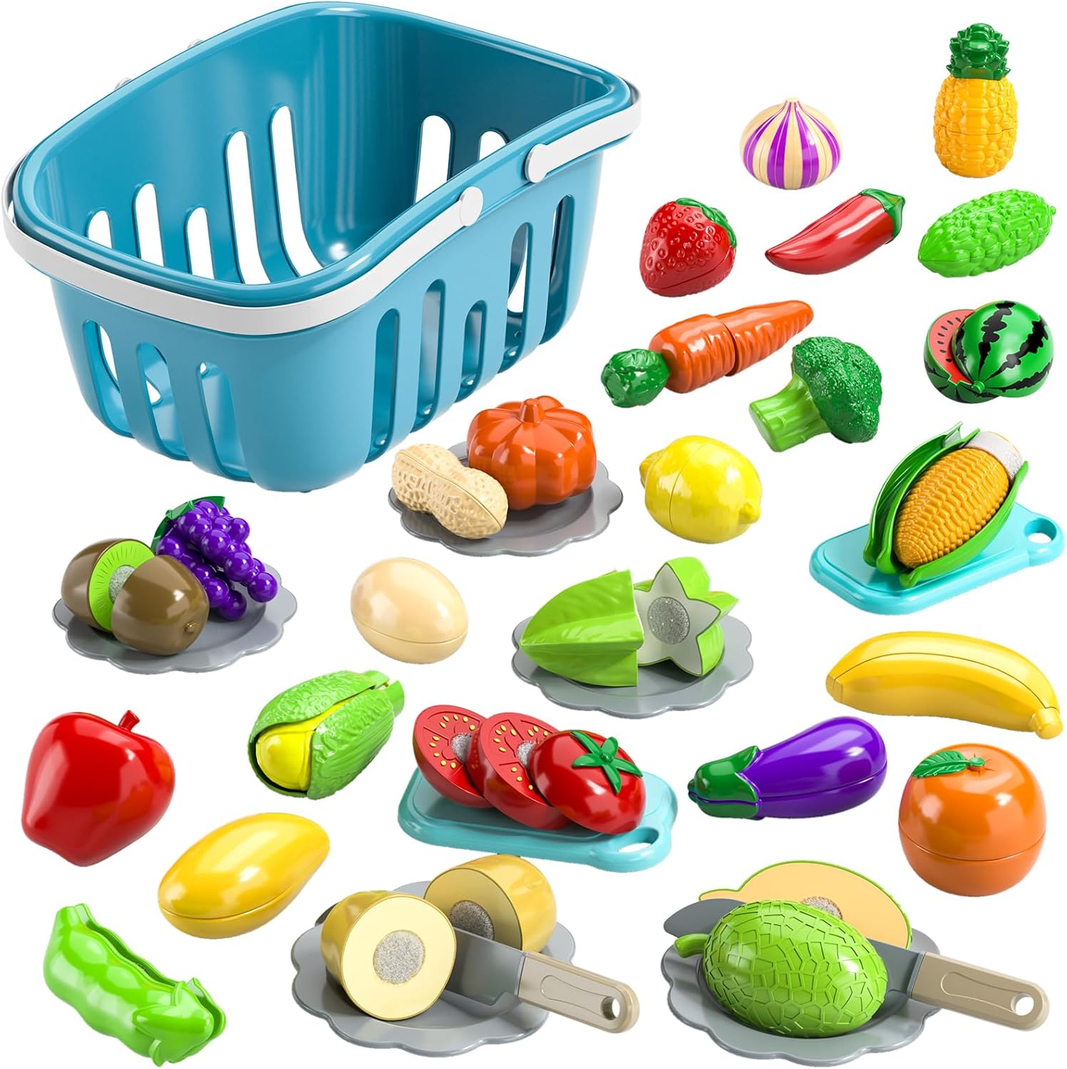 TEMI 70 Pieces Cutting Play Food Toy for Kids Kitchen – Pretend Fruit and Vegetables Accessories Toys for 3 4 5 6 Girls with Storage, Dishes and Knife, Educational Kitchen Toy for Toddlers Age 3-5