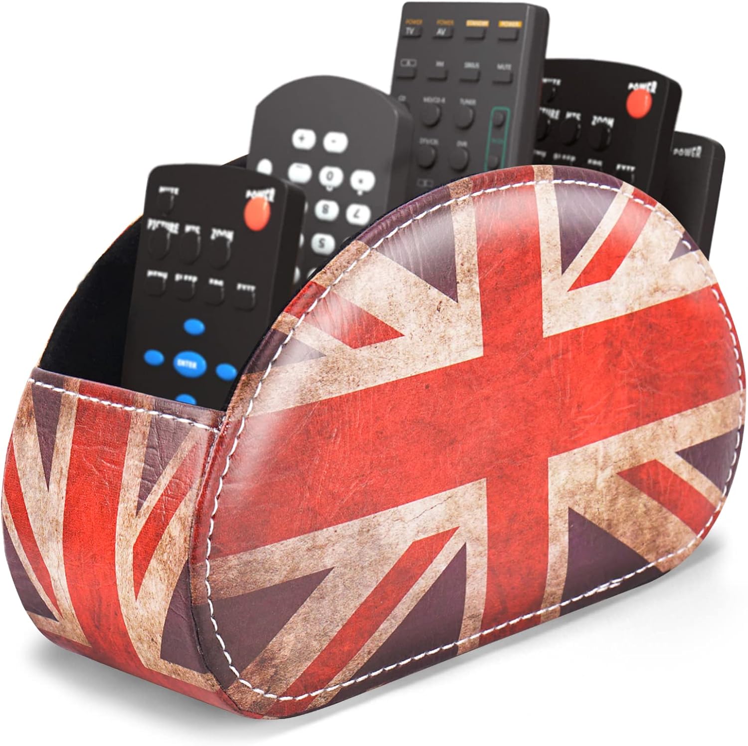 QIELIZI Remote Control Holder, PU Leather Remote Caddy Desktop Organizer with 5 Spacious Compartments for TV Remotes/Media Controllers/Office Supplies,Spectacle cases (1-UK Flag)