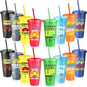 16 Pcs Video Game Party Supplies Gaming Plastic Cups with Lids and Straws Gamer Reusable Tumbler for Fun Games Video Game Birthday Party Favor