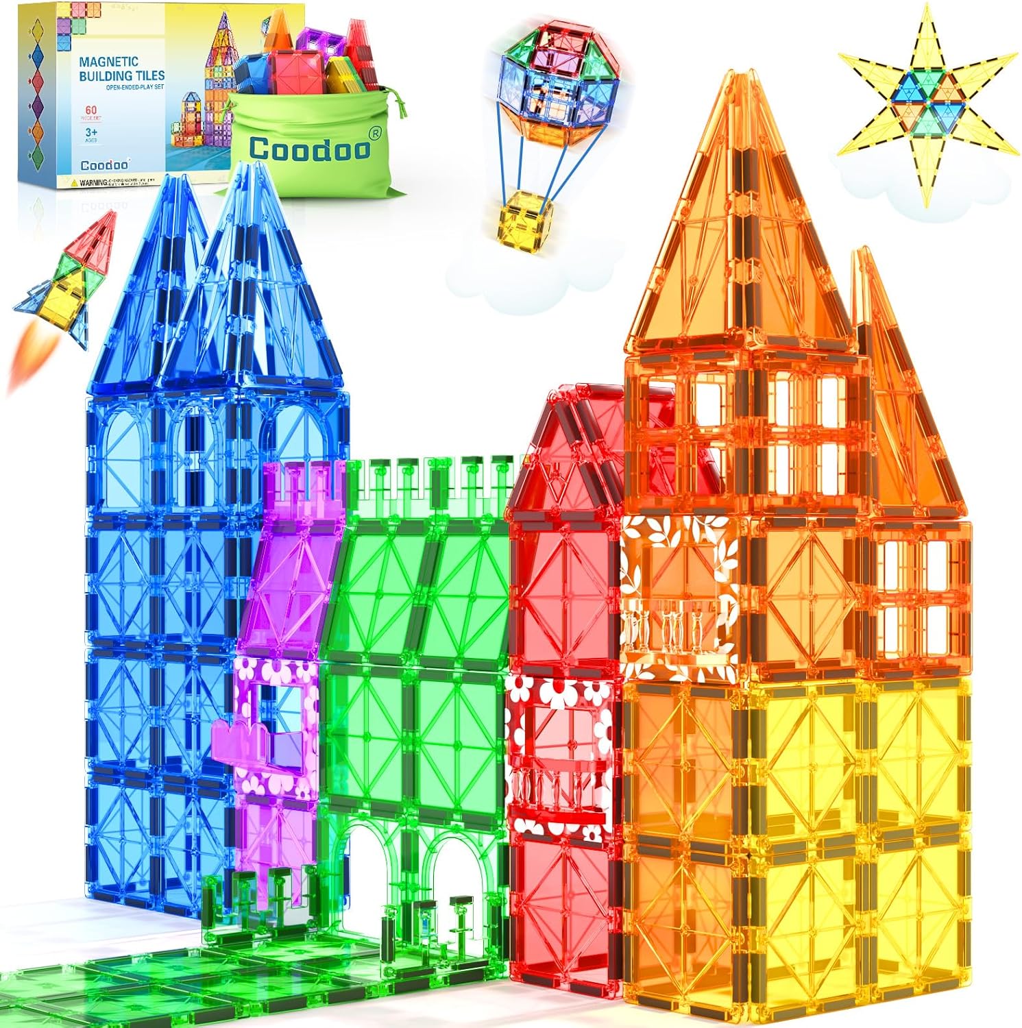 60 PCS Magnetic Building Tiles Kids Toys STEM Magnetic Blocks Sensory Toys Kids Games Magnet Building Toys for Boys and Girls Aged 3+, Kids Brain Development Preschool Kindergarten Toddler Toys