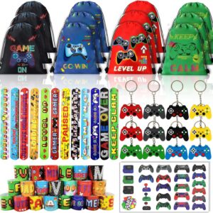 61 Pcs Video Game Party Favors, Gamer Party Favors Bags Includes 12 Pcs16 x 13 Inch Video Game Party Drawstring Bags Slap Bracelets Keychains Tattoo Stickers for Kids Gaming Party Favors