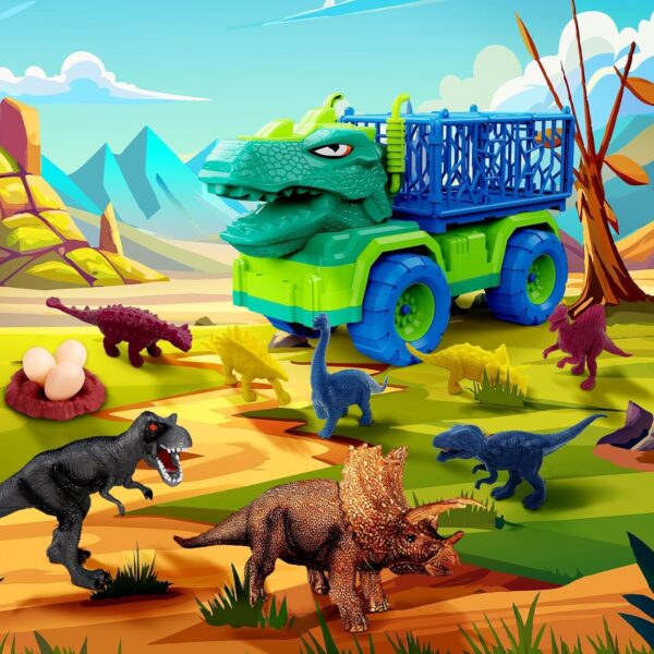 19 in 1 Dinosaur Toys for Kids 3-5 5-7, Dinosaur Truck Set for Toddlers with 3 Pull Back Cars, 8 Dino Figures, Christmas and Birthday Gifts Toy for 3 4 5 6 7 Years Old Boys and Girls - Image 2