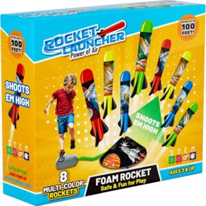 Toys Rocket Launcher for Kids – Launch up to 100 Ft, 8 Multi-Color Foam Rockets & Adjustable Launch Stand, Kids Outdoor Toys, Birthday Toys for Kids Boys Girls Age 3+ Years Old