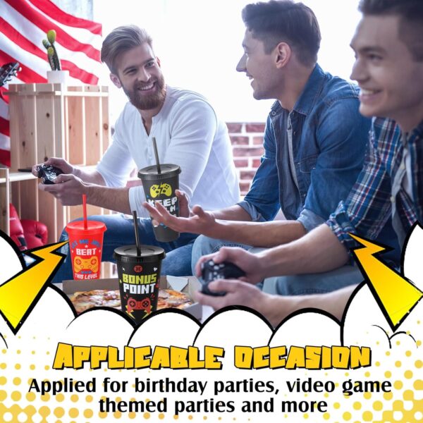 16 Pcs Video Game Party Supplies Gaming Plastic Cups with Lids and Straws Gamer Reusable Tumbler for Fun Games Video Game Birthday Party Favor - Image 5