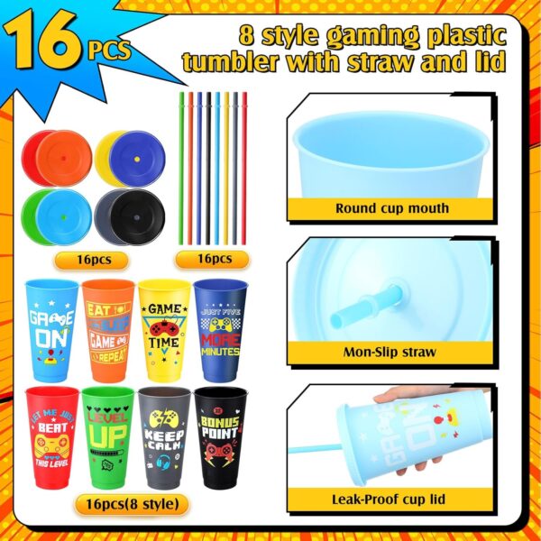 16 Pcs Video Game Party Supplies Gaming Plastic Cups with Lids and Straws Gamer Reusable Tumbler for Fun Games Video Game Birthday Party Favor - Image 2