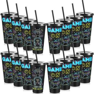 Uiifan 16 Pcs Video Game Party Plastic Cups with Lids and Straws 24 oz Iced Coffee Drinking Resuable Plastic Cups for Video Game Birthday Party Favor(Black)