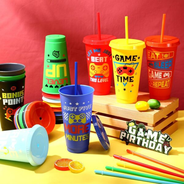 16 Pcs Video Game Party Supplies Gaming Plastic Cups with Lids and Straws Gamer Reusable Tumbler for Fun Games Video Game Birthday Party Favor - Image 6