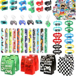 110 Pcs Video Game Party Favors, Gamer party Favors – 12 sets of Gaming Birthday Goodie Bags Included Gift Bags, Game Keychain, Slap Bracelet, Stickers, Ring, Hand Strap for Gaming Kids