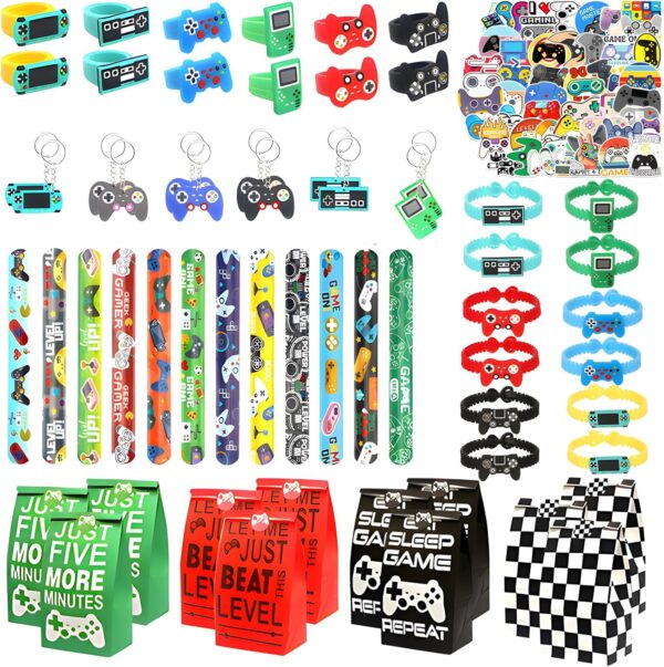 110 Pcs Video Game Party Favors, Gamer party Favors - 12 sets of Gaming Birthday Goodie Bags Included Gift Bags, Game Keychain, Slap Bracelet, Stickers, Ring, Hand Strap for Gaming Kids