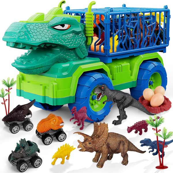 19 in 1 Dinosaur Toys for Kids 3-5 5-7, Dinosaur Truck Set for Toddlers with 3 Pull Back Cars, 8 Dino Figures, Christmas and Birthday Gifts Toy for 3 4 5 6 7 Years Old Boys and Girls