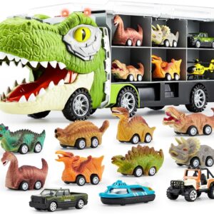 JOYIN 13 in 1 Dinosaur Toys for Kids 3-5, Dinosaur Truck with 12 Pull Back Cars, Dinosaur Cars Set, Birthday Gifts Toys for 3 4 5+ Year Old Boy, Transport Carrier Truck for Toddlers 3-4 Years