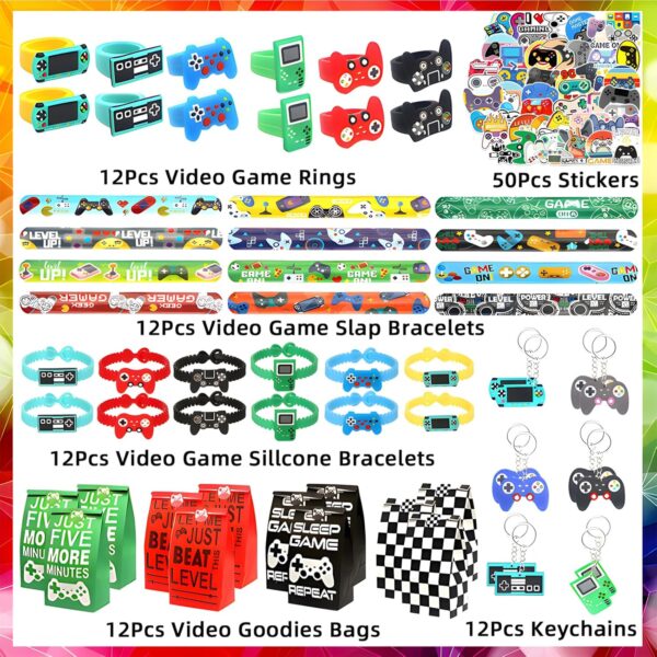 110 Pcs Video Game Party Favors, Gamer party Favors - 12 sets of Gaming Birthday Goodie Bags Included Gift Bags, Game Keychain, Slap Bracelet, Stickers, Ring, Hand Strap for Gaming Kids - Image 2