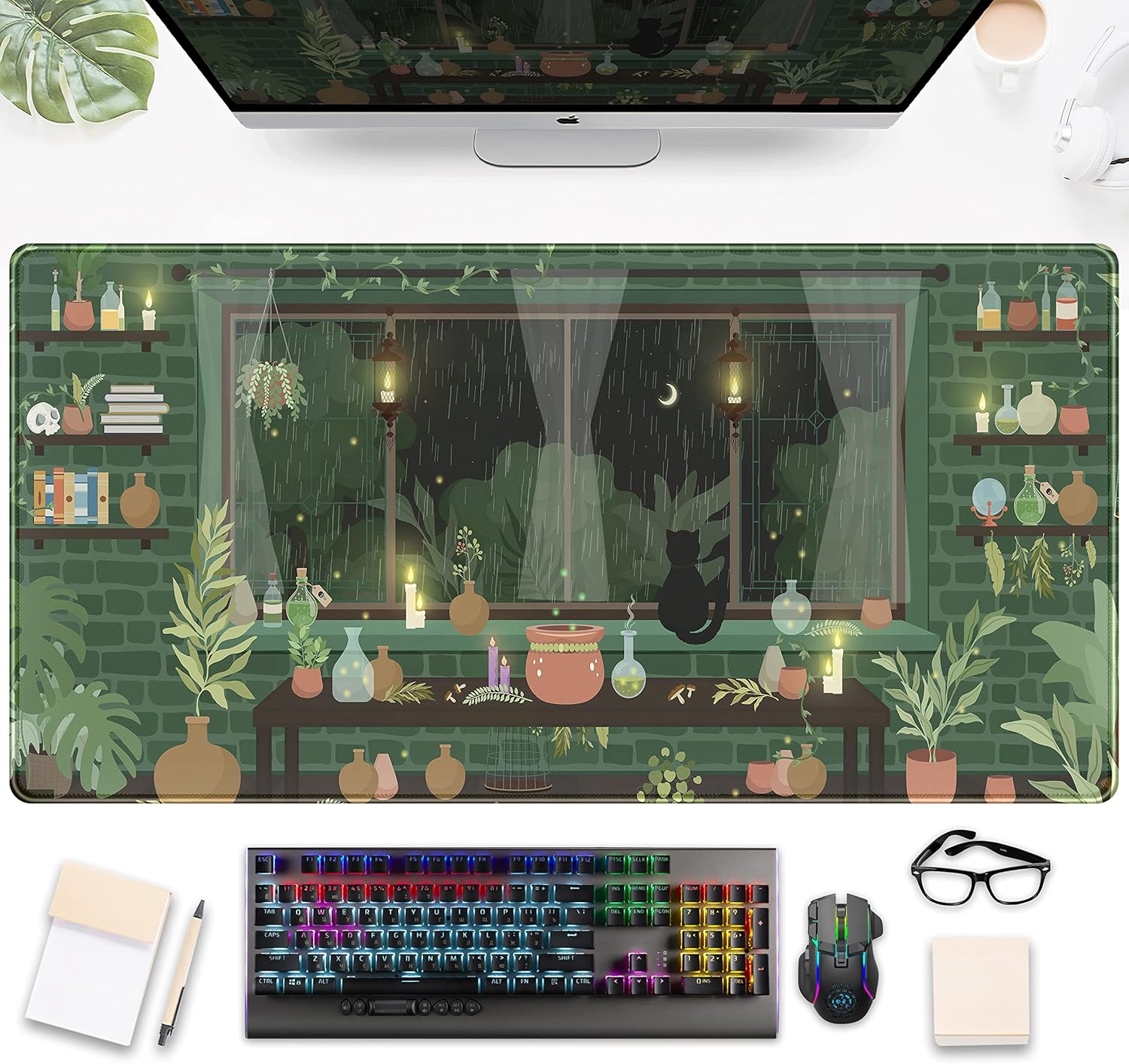 Cute Rainy Night Desk Mat Green Plants Desk Pad, Anime Black Cat Kawaii Large Gaming Mouse Pad, Moonlight Fireflies Deskmat Aesthetic Mousepad XXL, Laptop Keyboard Pad for Women Desk 31.5″x15.75″