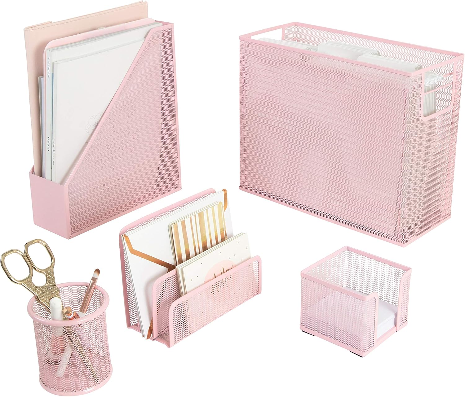 BLU MONACO 5 Piece Office Supplies Pink Desk Organizer Set – with Desktop Hanging File Organizer, Magazine Holder, Pen Cup, Sticky Note Holder, Letter sorter – Pink Desk Accessories for Women Office